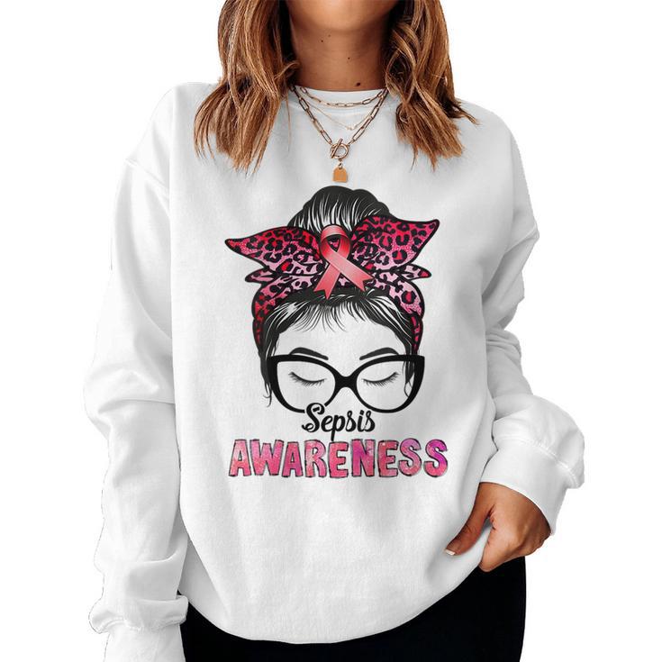 Sepsis Awareness Red Ribbon Leopard Messy Bun Women Sweatshirt