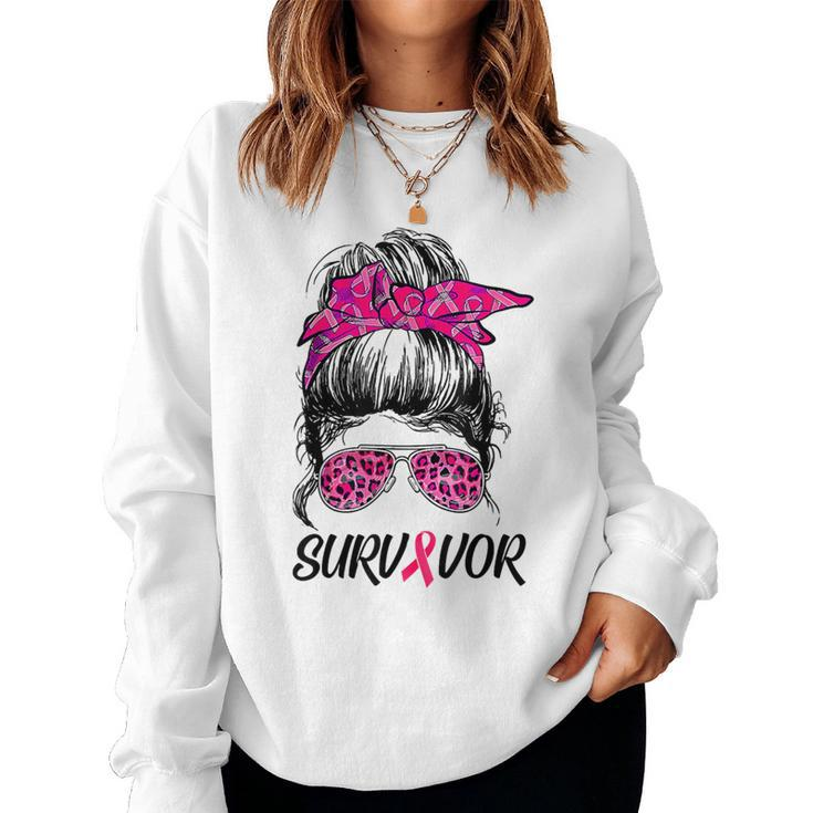 Survivor Breast Cancer Awareness Messy Bun Pink Ribbon Women Sweatshirt