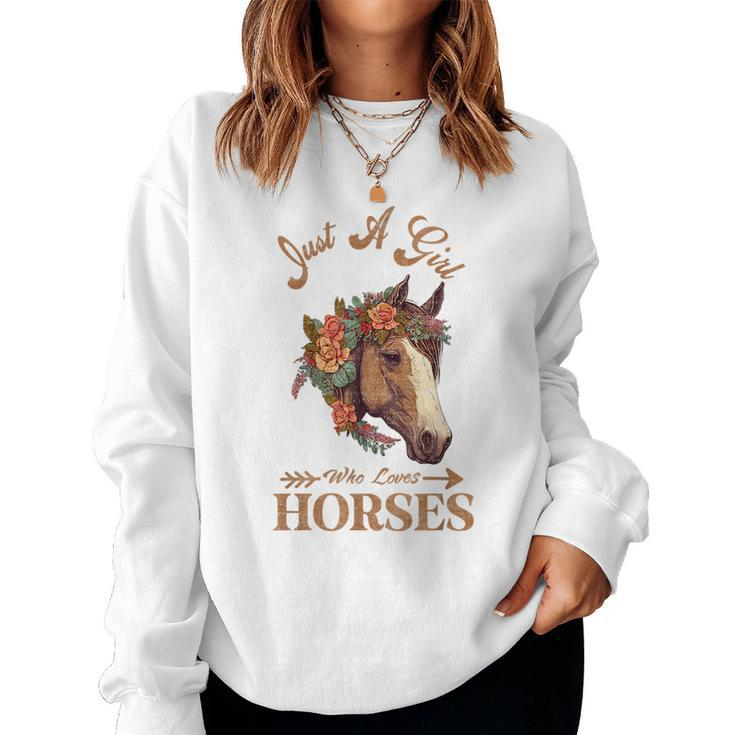 Vintage Retro Just A Girl Who Loves Horses Horseback Riding  Women Crewneck Graphic Sweatshirt