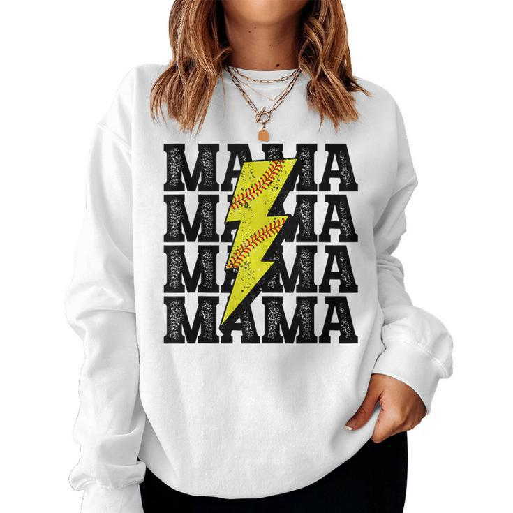 Vintage Softball Mama Distressed Lightning Bolt Mom Women Sweatshirt