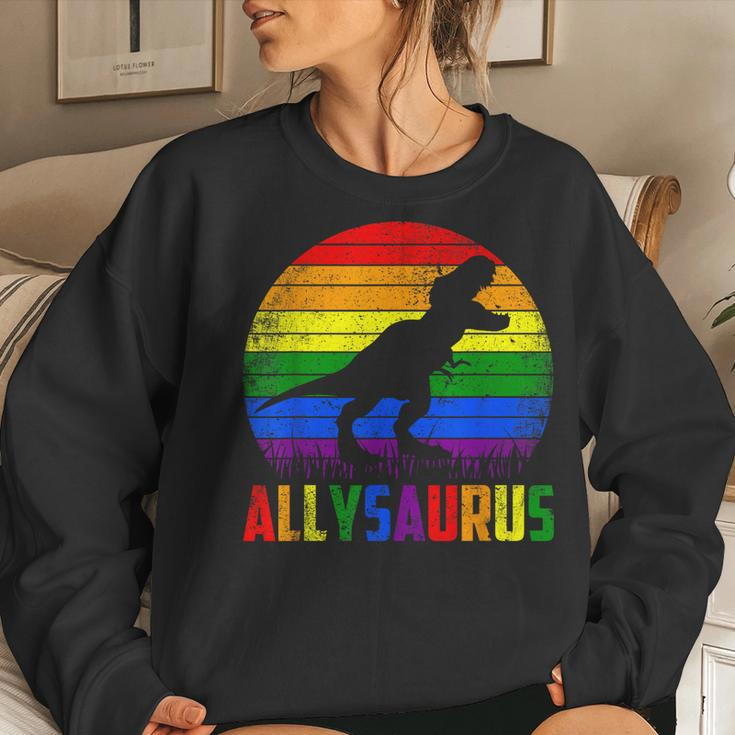 Ally Saurus Dinosaur Lgbt Flag Gay Pride Retro Lgbtq Rainbow Women Sweatshirt Gifts for Her