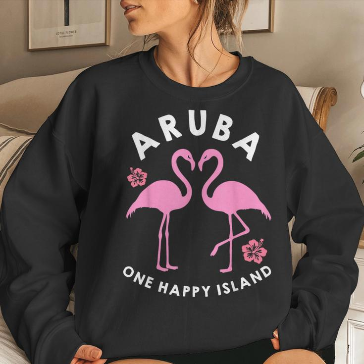 Aruba One Happy Island Flamingo And Flowers Women Crewneck Graphic Sweatshirt Gifts for Her