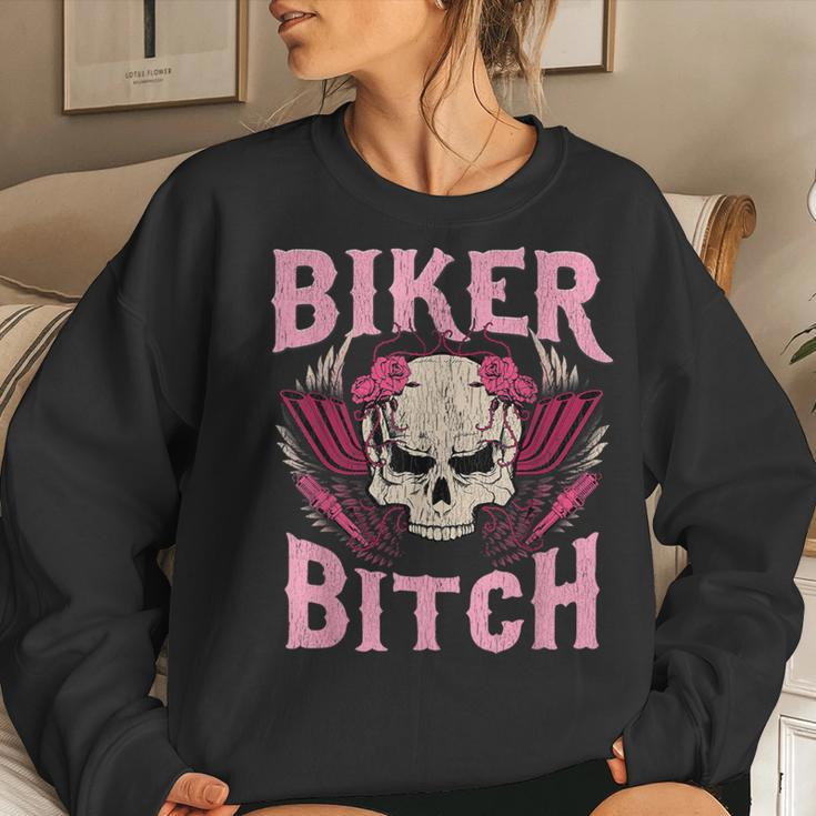 Biker Bitch Skull Motorcycle Wife Sexy Babe Chick Lady Rose Women Sweatshirt Gifts for Her