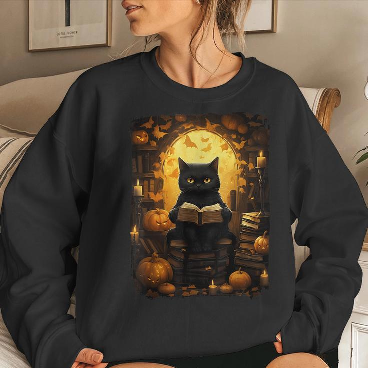 Black Cat Reading Books Pumpkin Autumn Teachers Halloween Women Sweatshirt Gifts for Her