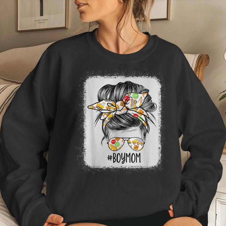 Construction Boy Mom Messy Bun Hair Women Crewneck Graphic Sweatshirt Gifts for Her