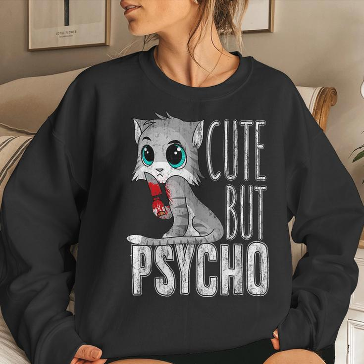 Cute But Psycho Kitty Cat Humor Wife Mom Horror Goth Women Sweatshirt Gifts for Her