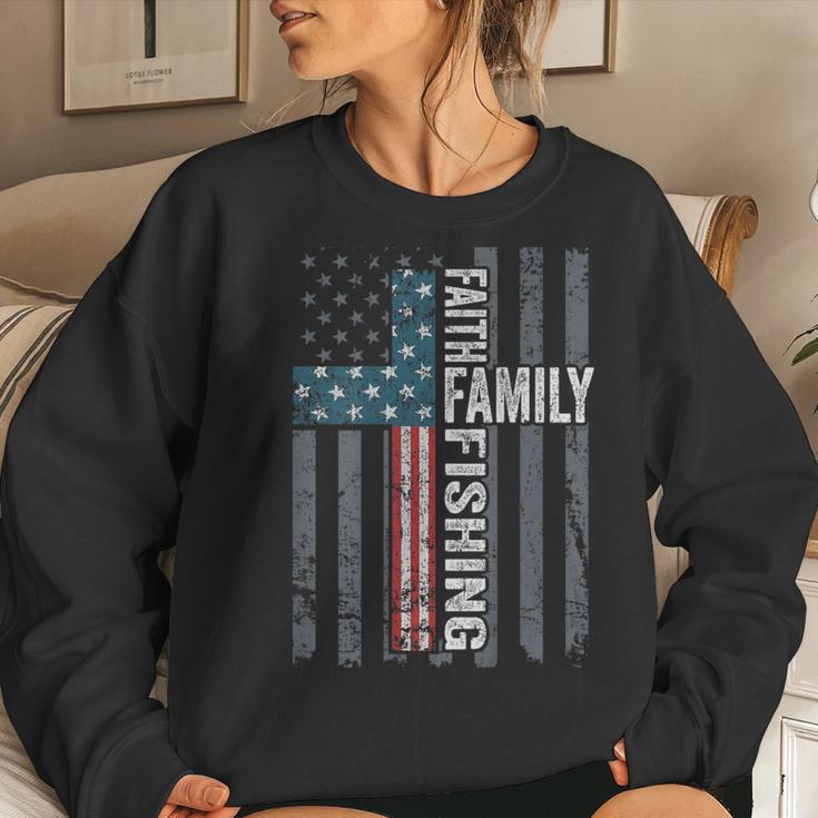Faith Family Fishing Usa Christian Cross Flag On Back Women Sweatshirt Gifts for Her