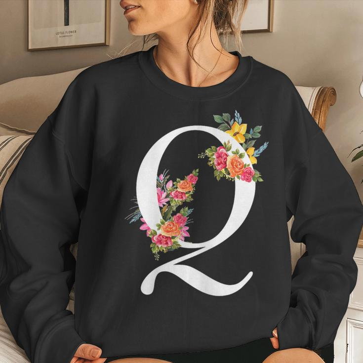 Floral Alphabet Letter First Name With Q Flower Women Sweatshirt Gifts for Her