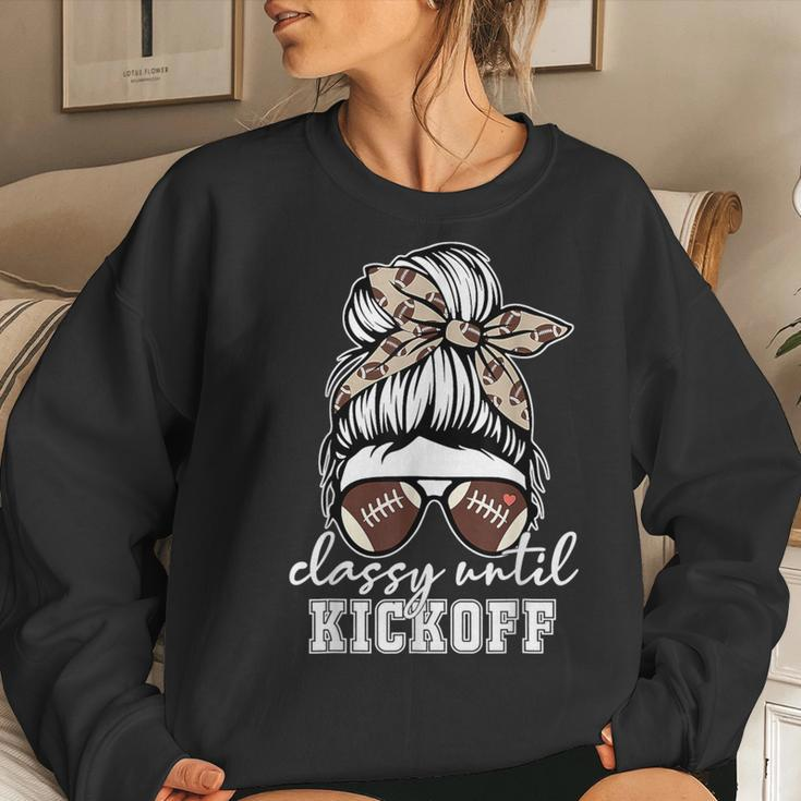 Football Girl Classy Until Kickoff Messy Bun Game Day Vibes Women Sweatshirt Gifts for Her