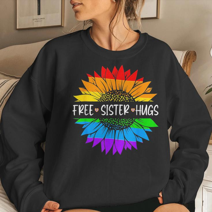 Free Sister Hugs Rainbow Sunflower Lgbt Gay Pride Month Sweatshirt Gifts for Her