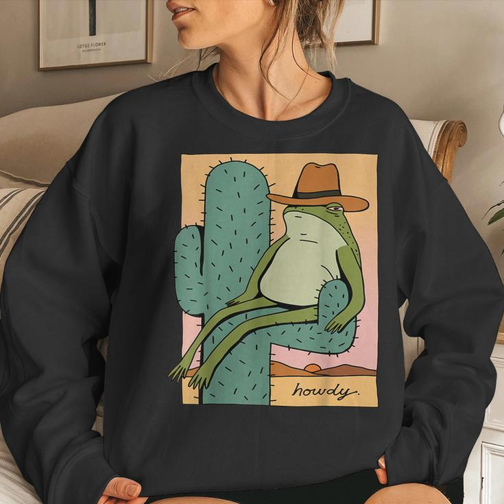 Funny Howdy Cactus Frog Hat Meme Cute Women Crewneck Graphic Sweatshirt Gifts for Her