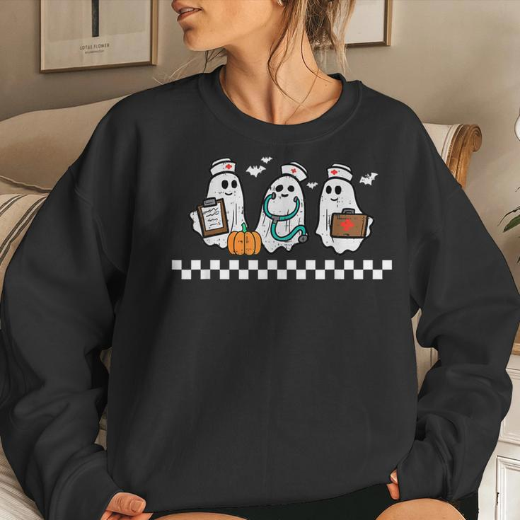 Retro Ghost Nurses Halloween Costume Crew Scrub Top Women Sweatshirt Gifts for Her