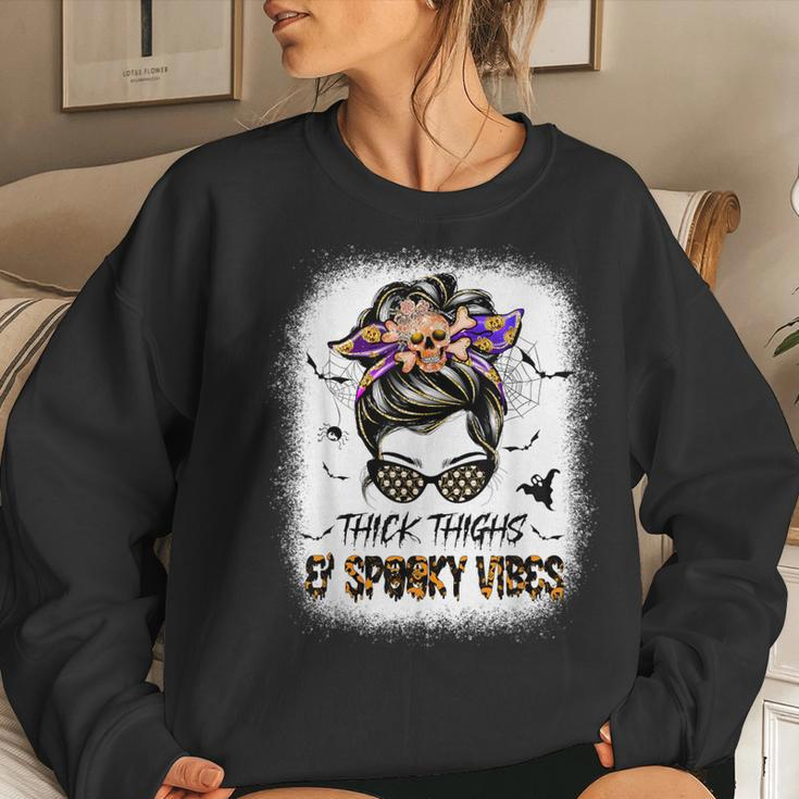 Thicks Thighs Spooky Vibes Skull Messy Bun Halloween Women Sweatshirt Gifts for Her