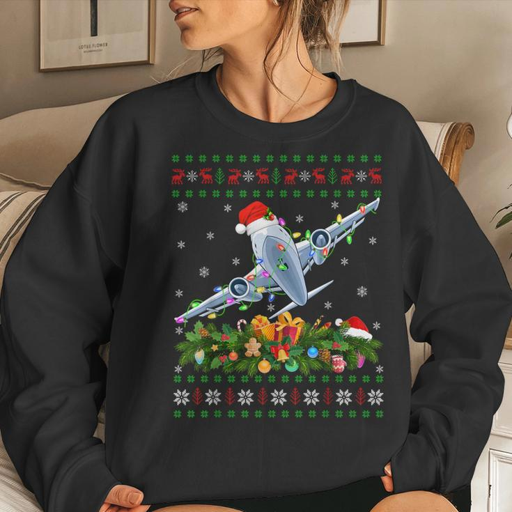 Xmas Lighting Tree Santa Ugly Airplane Christmas Women Sweatshirt Gifts for Her