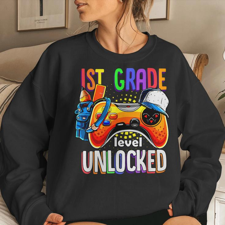 Gamer Back To School Gamepad 1St First Grade Level Unlocked Women Crewneck Graphic Sweatshirt Gifts for Her