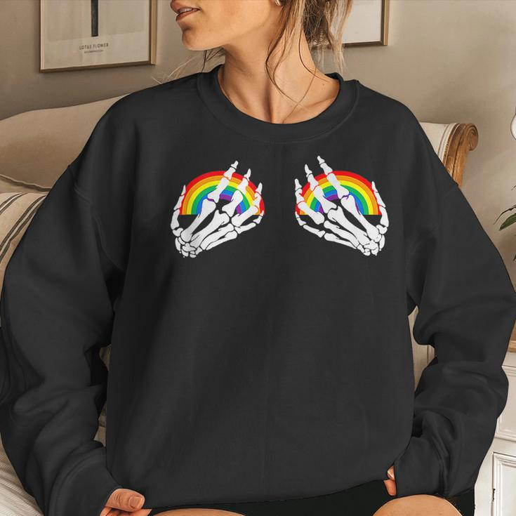 Gay Les Pride Rainbow Boobs Skeleton Hand Lgbt Gay Women Sweatshirt Gifts for Her