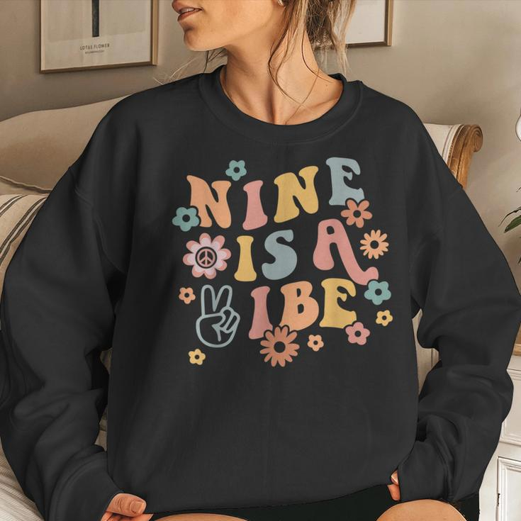 Groovy Hippie 9 Is A Vibe 9Th Birthday Party Decoration Women Crewneck Graphic Sweatshirt Gifts for Her