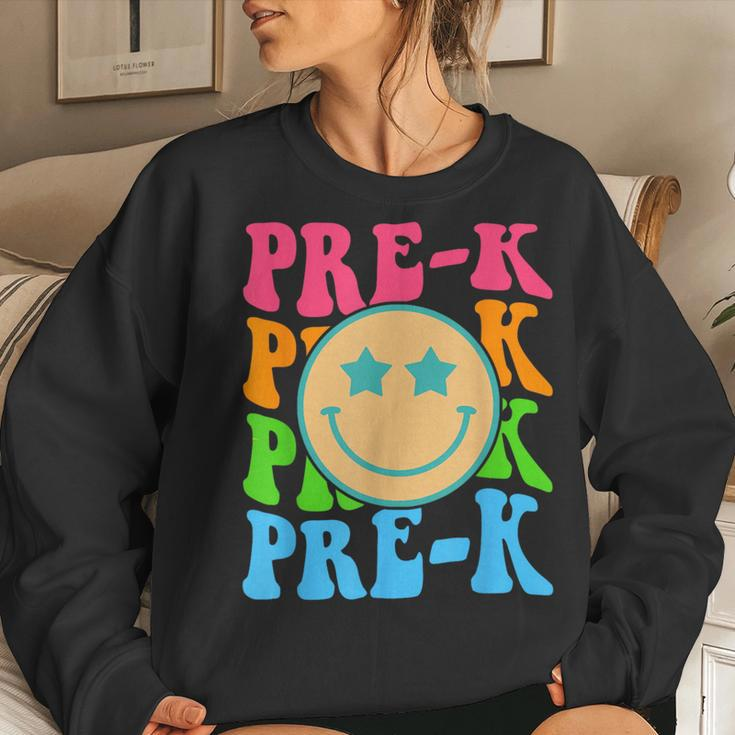 Groovy Pre-K Vibes Face Retro Teachers Kids Back To School Women Crewneck Graphic Sweatshirt Gifts for Her