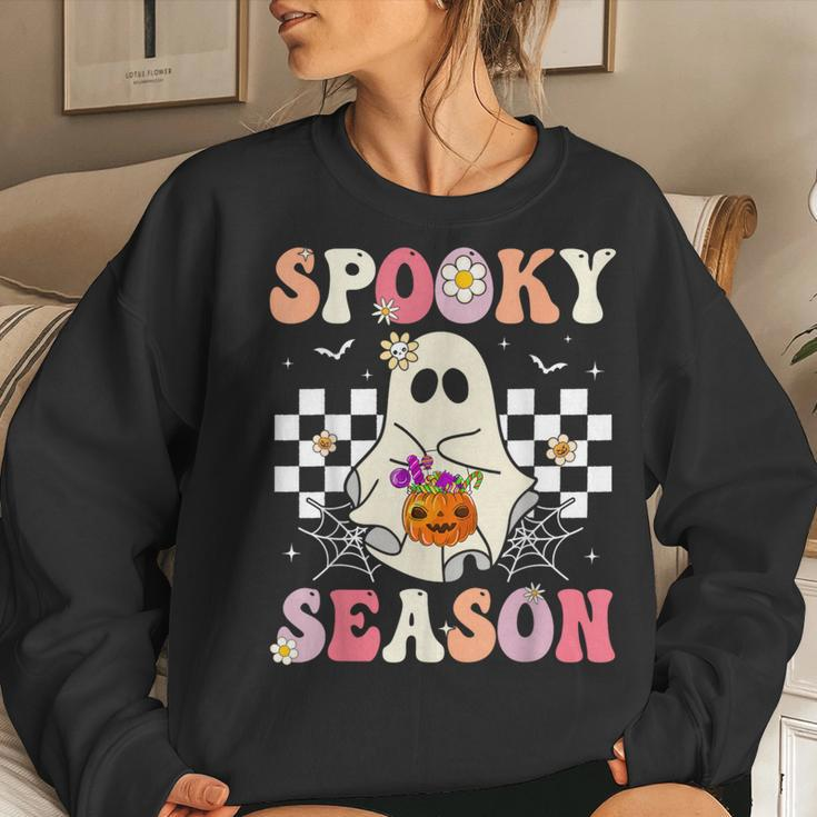 Groovy Spooky Season Retro Ghost Holding Pumpkin Halloween Women Sweatshirt Gifts for Her