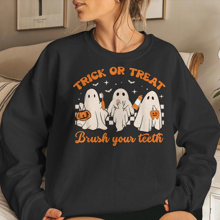 Groovy Trick Or Treat Brush Your Th Dental Halloween Women Sweatshirt Gifts for Her