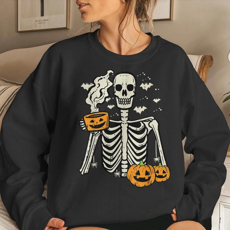 Halloween Skeleton Pumpkin Fall Coffee Fun Costume Women Sweatshirt Gifts for Her