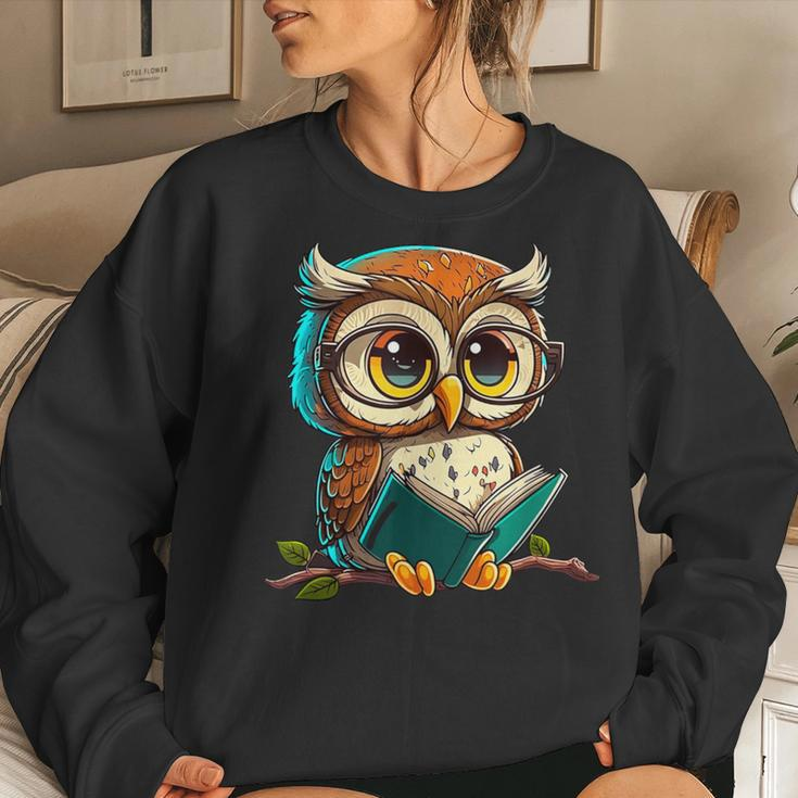 Kawaii Owl Reads Book Reading Bookworm Library Book Women Sweatshirt Gifts for Her