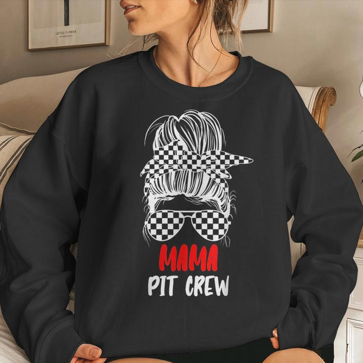 Mama Pit Crew Messy Bun Race Track Flag Car Racing Womens For Mama Women Sweatshirt Gifts for Her