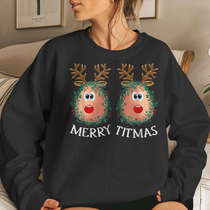 Merry Titmas Reindeer Boobs Naughty Ugly Christmas Sweater Women Sweatshirt Gifts for Her