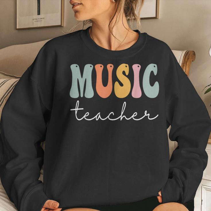 Music Teacher Retro Groovy Vintage Happy First Day Of School Women Crewneck Graphic Sweatshirt Gifts for Her