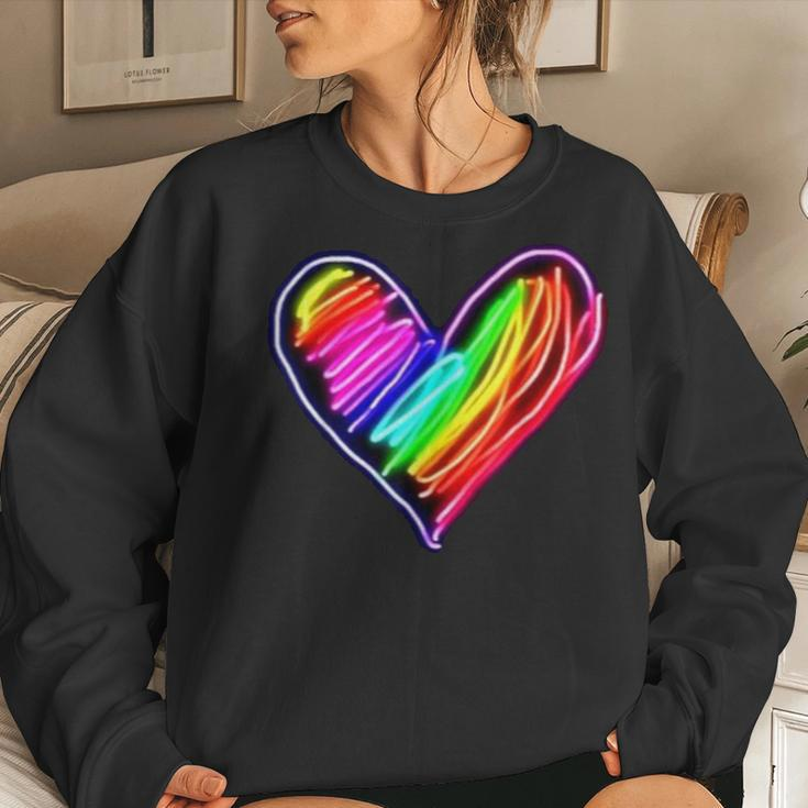Neon Rainbow Heart Love Pride Lgbqt Rally Women Sweatshirt Gifts for Her