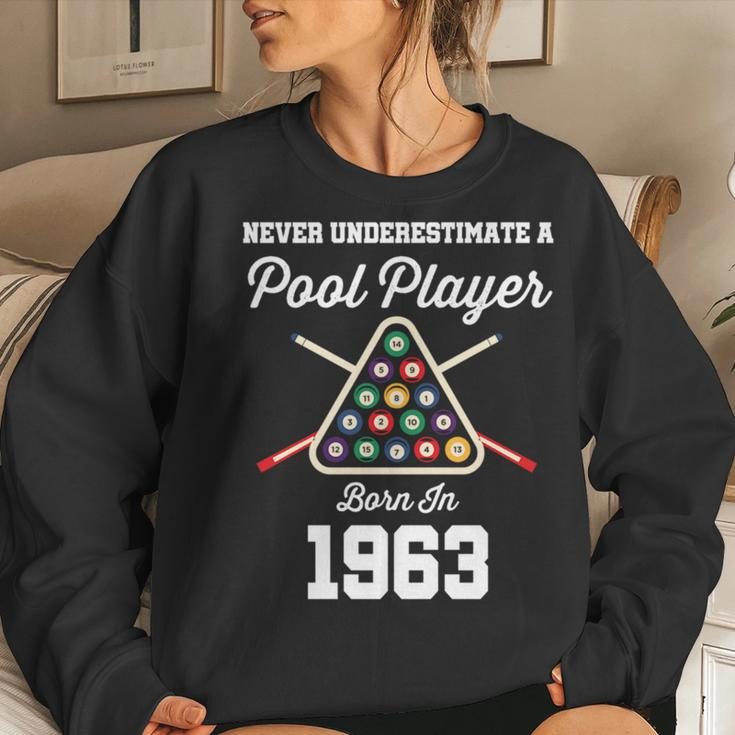 Never Underestimate A Pool Player Born In 1963 60Th Birthday Women Crewneck Graphic Sweatshirt Gifts for Her