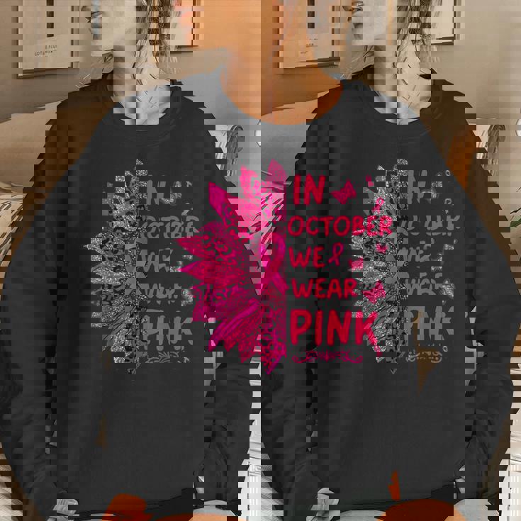 In October We Wear Leopard Pink Sunflower Breast Cancer Women Sweatshirt Gifts for Her