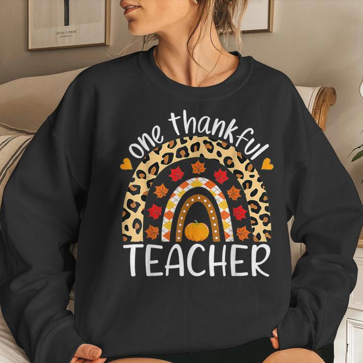 One Thankful Teacher Thanksgiving Rainbow Leopard Fall Women Sweatshirt Gifts for Her