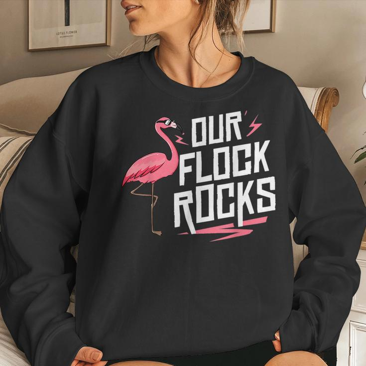 Our Flock Rocks Flamingo Mothers Day Funny Gift Women Crewneck Graphic Sweatshirt Gifts for Her
