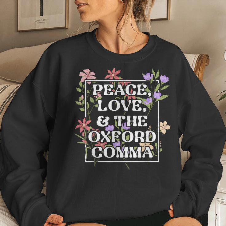 Peace Love And The Oxford Comma English Grammar Humor Flower Women Sweatshirt Gifts for Her