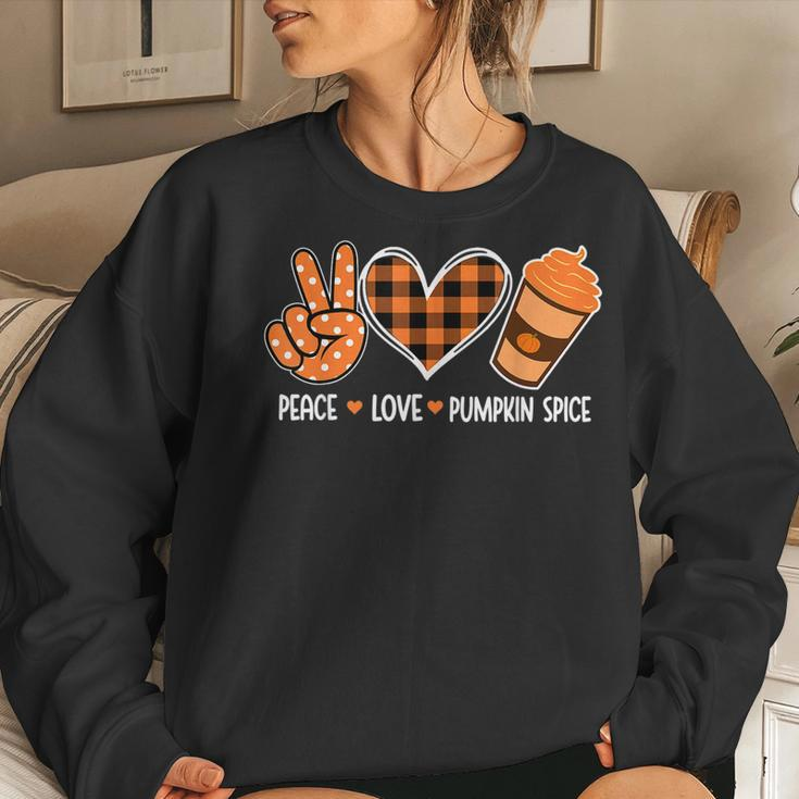 Peace Love Pumpkin Spice Latte Halloween Plaid Fall Season Latte Women Sweatshirt Gifts for Her