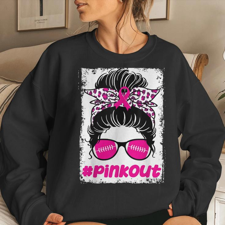 Pink Out Ou Breast Cancer Football Messy Bun Cheer Bleached Women Sweatshirt Gifts for Her