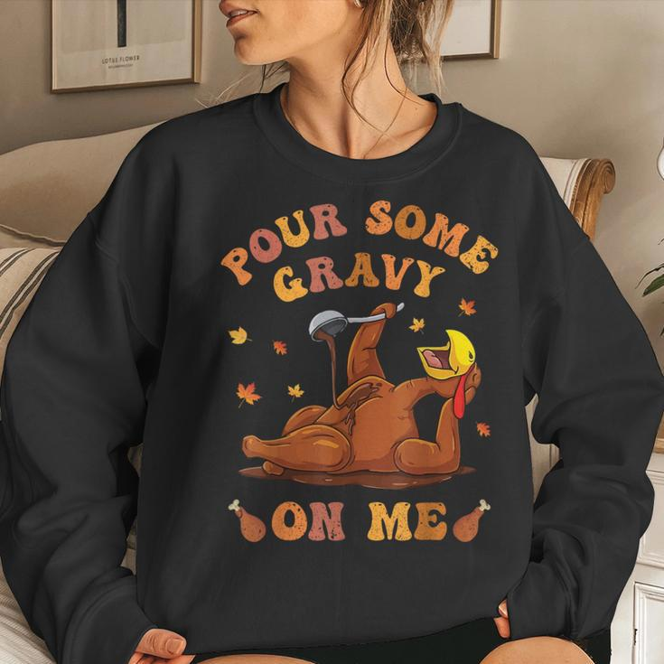 Pour Some Gravy On Me Button Up Groovy Thanksgiving Turkey Women Sweatshirt Gifts for Her