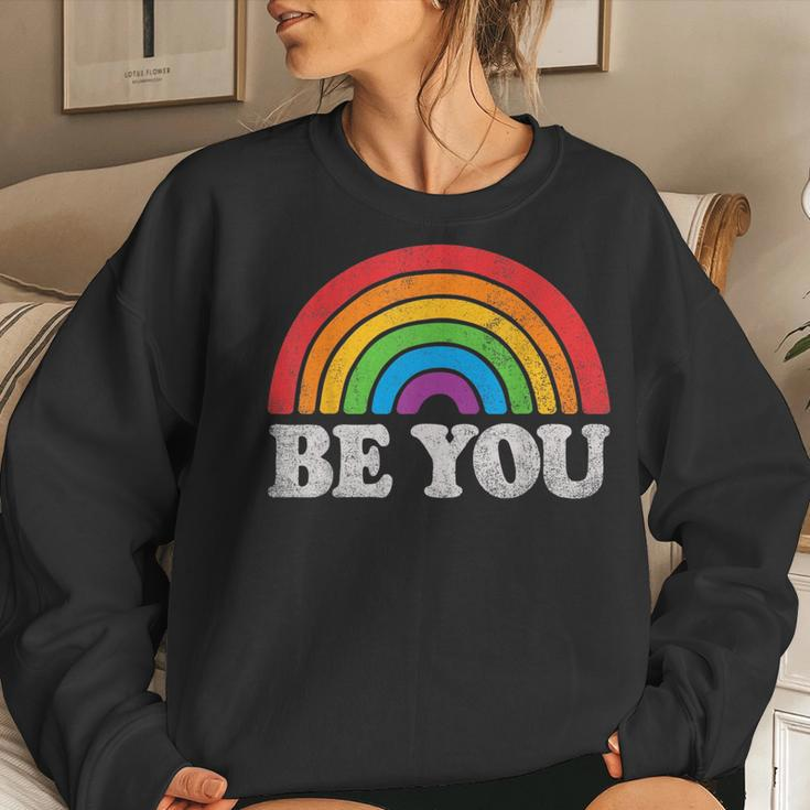 Be You Pride Lgbtq Gay Lgbt Ally Rainbow Flag Retro Galaxy Women Sweatshirt Gifts for Her