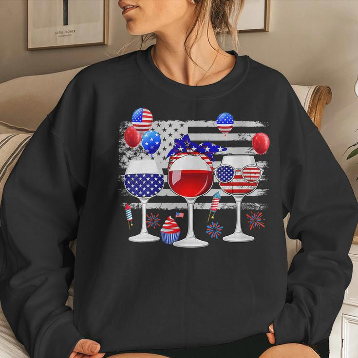 Red White Blue Three Wine Glasses American Flag 4Th Of July Women Sweatshirt Gifts for Her