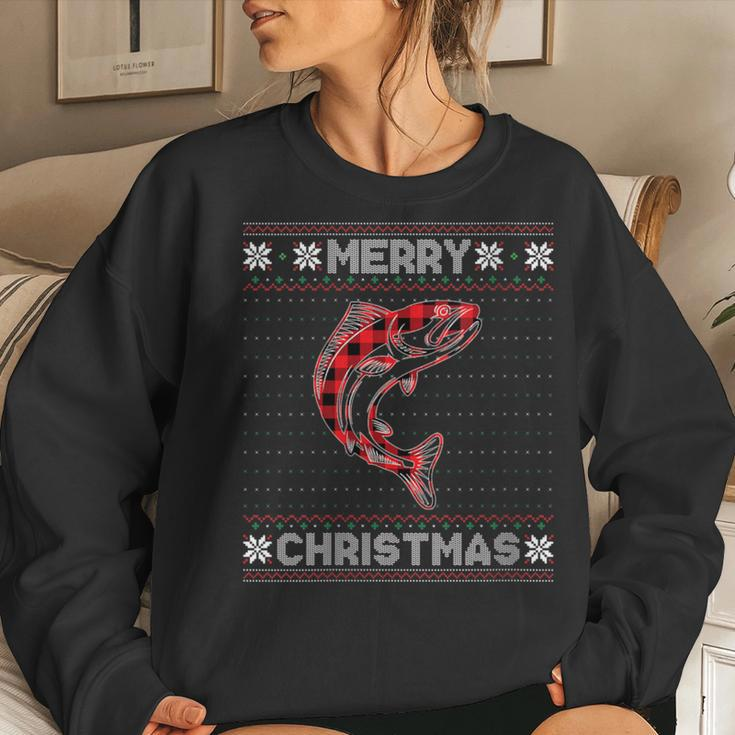 Salmon Christmas Red Plaid Graphic Xmas Ugly Sweater Party Women Sweatshirt Gifts for Her