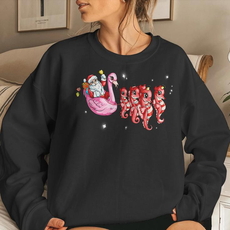 Santa Flamingo Carriage With Seahorses Christmas Kids Flamingo Women Sweatshirt Gifts for Her