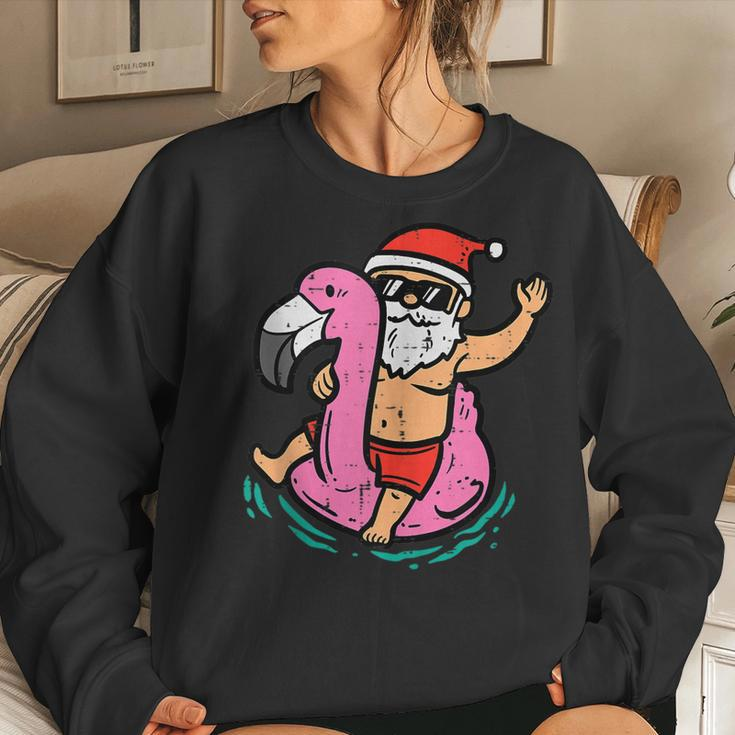 Santa Flamingo Floatie Funny Christmas In July Summer Xmas Women Crewneck Graphic Sweatshirt Gifts for Her