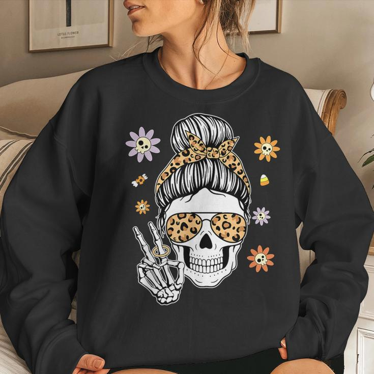 Skull Mom Messy Hair Bun Momster Halloween Costume Women Sweatshirt Gifts for Her