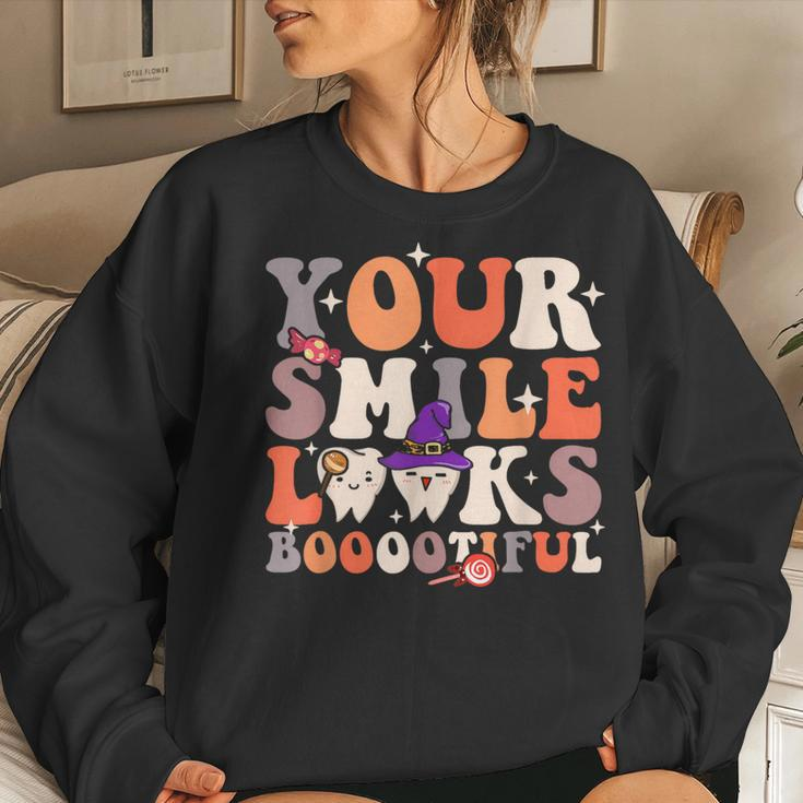 Your Smile Looks Bootiful Dentist Halloween Spooky Groovy Women Sweatshirt Gifts for Her