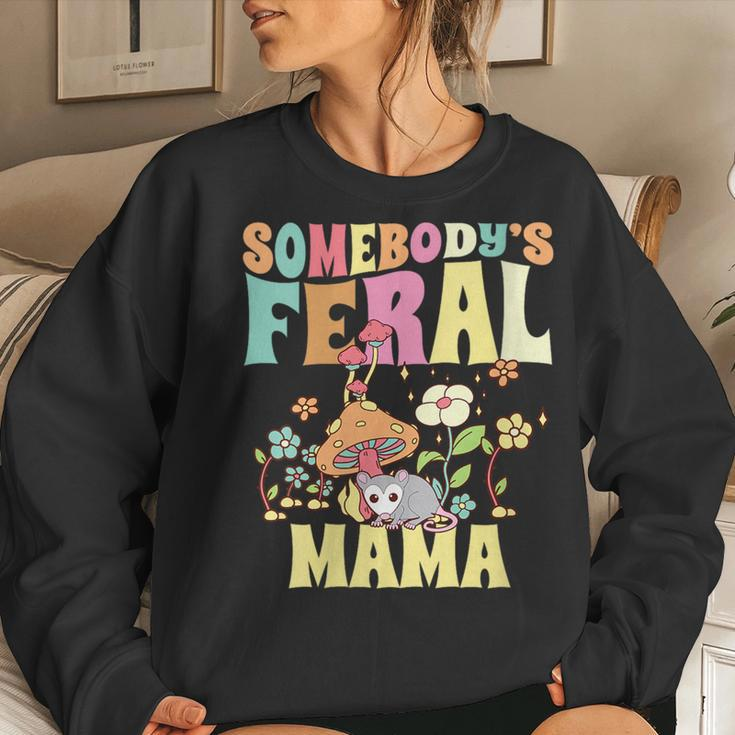 Somebodys Feral Mama Wild Mom Opossum Groovy Mushroom Sweatshirt Gifts for Her