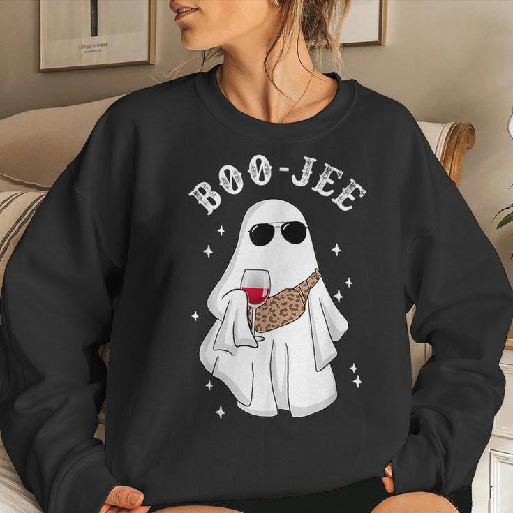 Spooky Season Cute Ghost Halloween Boo Jee Wine Leopard Women Sweatshirt Gifts for Her
