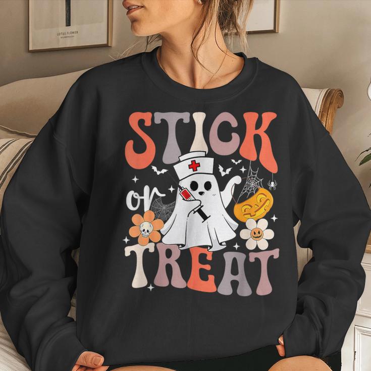 Stick Or Treat Ghost Nurse Halloween Crna Emergency Er Nurse Women Sweatshirt Gifts for Her