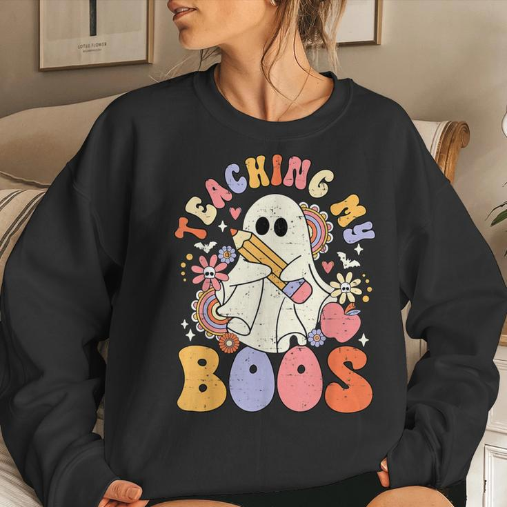 Teaching My Boos Cute Ghost Retro Groovy Teacher Halloween Women Sweatshirt Gifts for Her