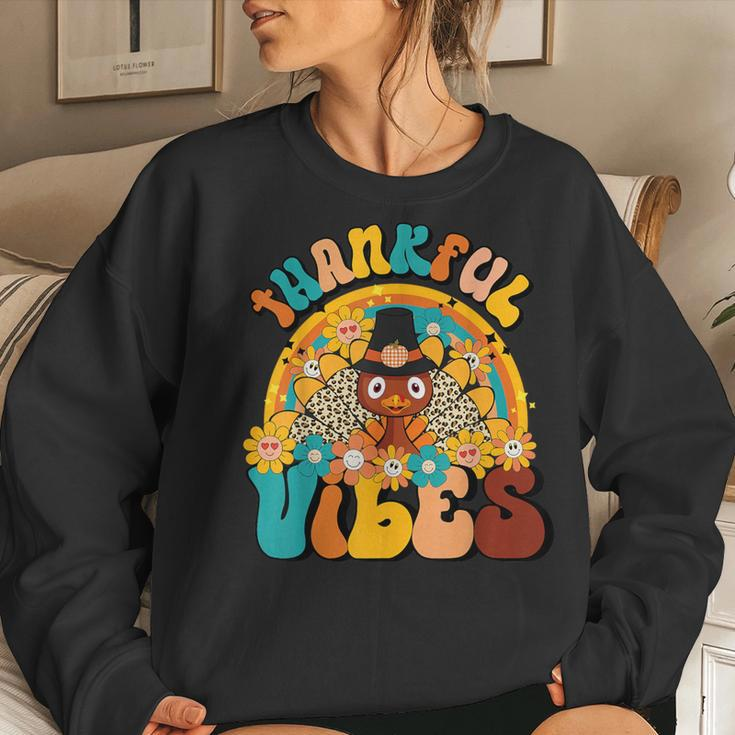Thankful Vibes Turkey Rainbow Retro Thanksgiving Women Women Sweatshirt Gifts for Her